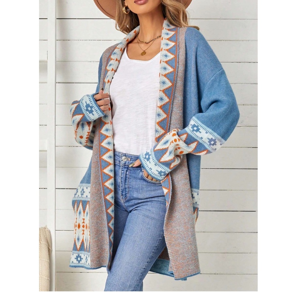Blue Cardigan Aztec Western Bohemian Print Knit Long Sleeve - Picture 15 of 16